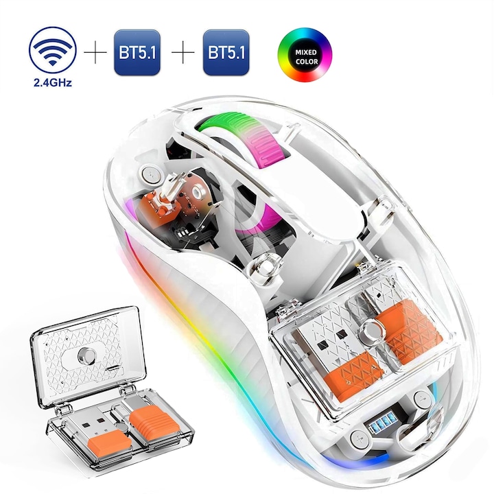 Egér vezeték nélküli átlátszó ODISSEY LIFE otthon és iroda, újratölthető, csendes kattintás, RGB világítás, hármas mód, 2 vevő, kompatibilis MacBook/ipad/laptop BT 5.1, mágneses burkolat, fehér