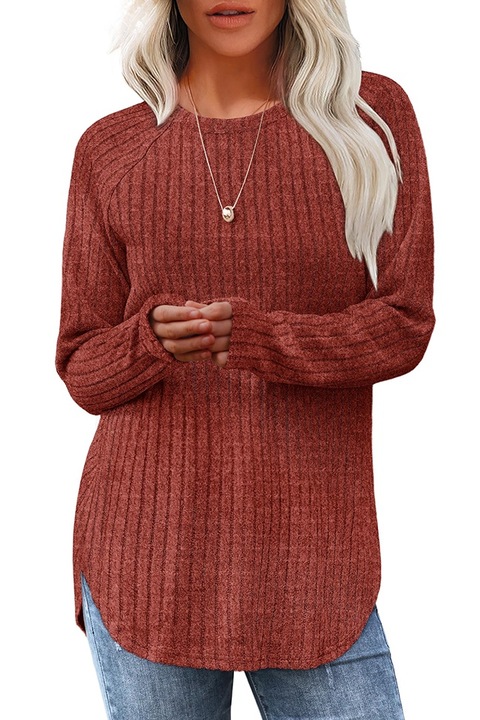 Bluza casual de dama, tunica lunga cu maneca lunga, design clasic, poliester,, Caramel