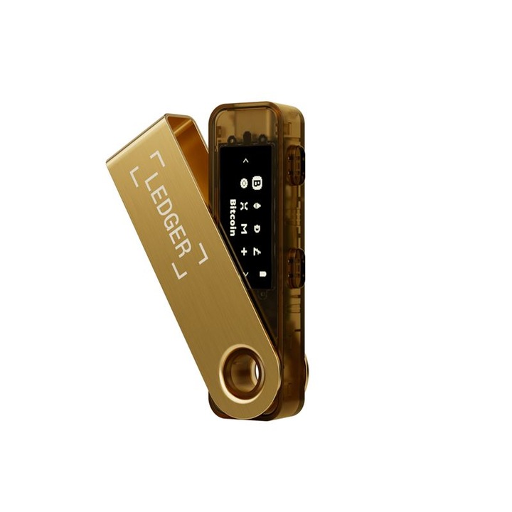 Крипто електронен портфейл Ledger Nano S Plus, за виртуални валути Bitcoin, Ethereum, Dash, ZCash и други, Златист