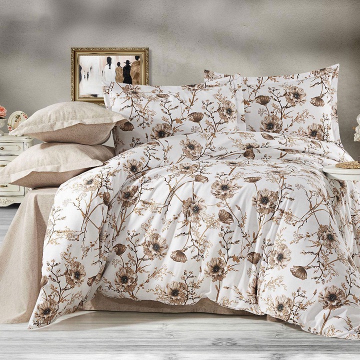 Francia ágynemű Ranforce Cotton 4 db lepedő 240 x 260 cm, paplan 200x230 cm, 2 párnahuzat 50x70 cm, Krém/fehér, Pucioasa