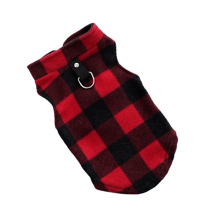 Vesta din fleece pentru caini si pisici, design cu D-ring, rosu-negru, marimea L