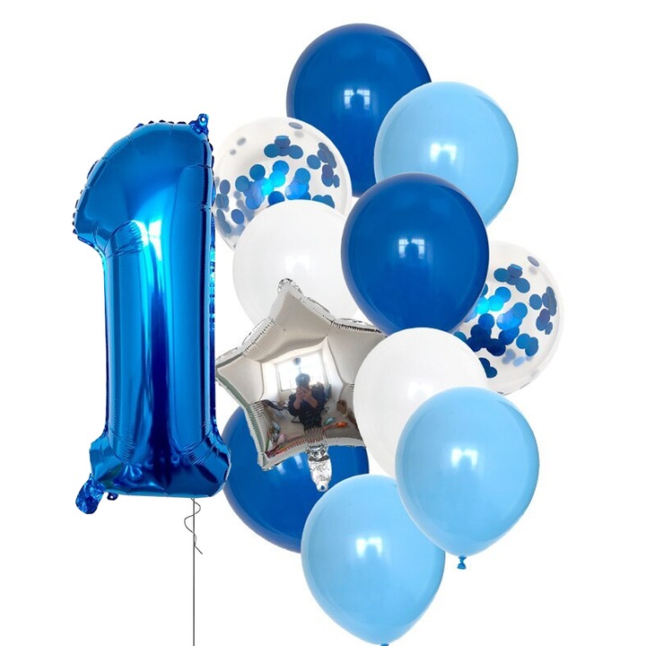 12 db Teno® lufi készlet, 1. szám, bulikra/évfordulókra/eseményekre, csillag/kerek/konfetti, 3 szín, latex, kék