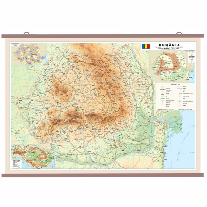Harta Romania fizica 100x 140 cm, material- polipropilena, cu 2 baghete