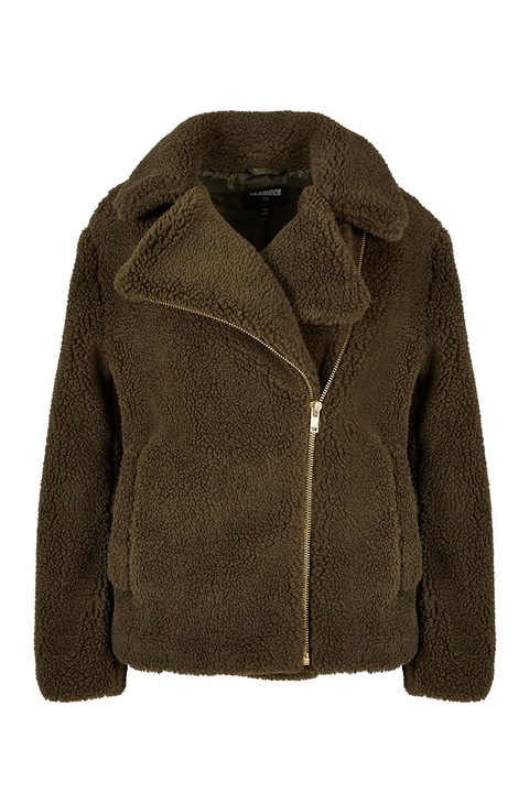 Urban Classics, Jacheta din blana shearling sintetica cu fermoar, Verde masliniu