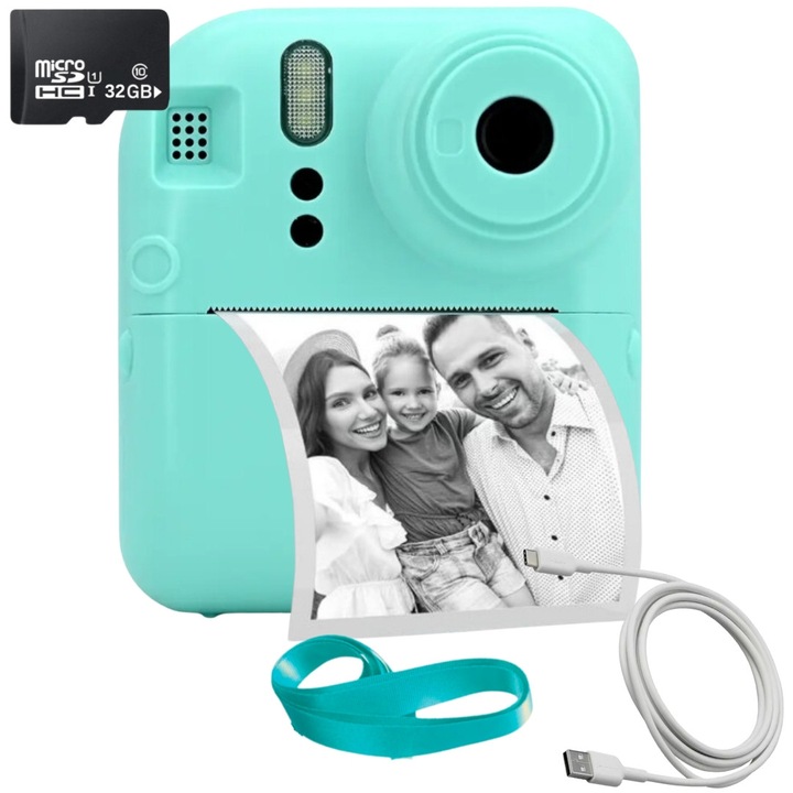 Aparat foto pentru copii SMARTIC®, rezolutie Full HD 1080p, baterie 1000mAh, ecran 2.4 inch, card memorie 32 GB, functie de printare instant, jocuri integrate, MP3, mod selfie, USB type-C, verde