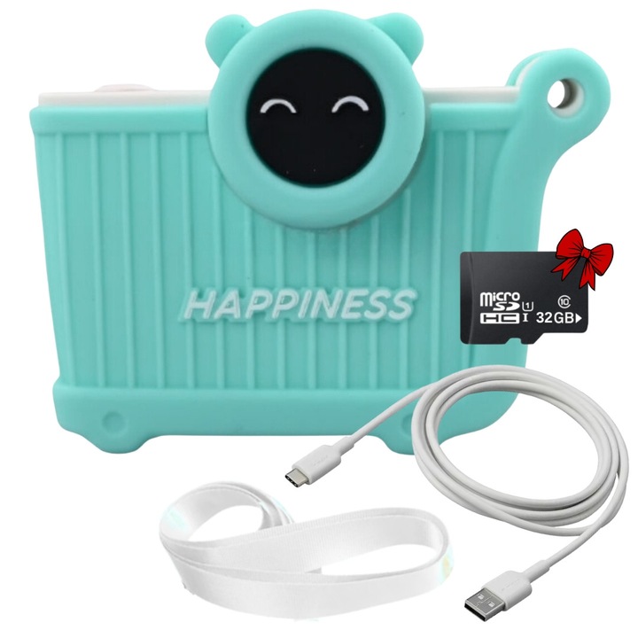 Aparat foto pentru copii SMARTIC®, rezolutie Full HD 1080p, baterie 600mAh, ecran 2.4 inch, card memorie 32 GB, jocuri integrate, MP3, mod selfie, USB type-C, turcoaz