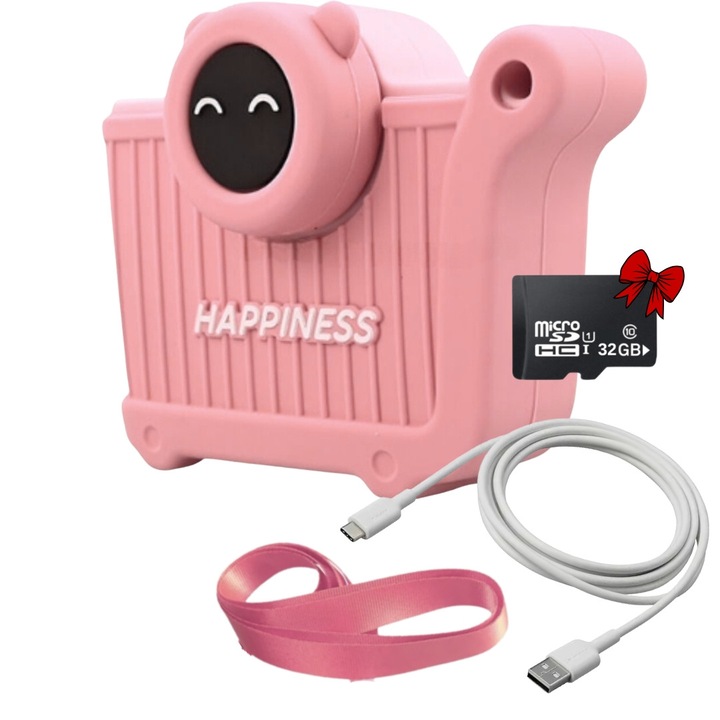 Aparat foto pentru copii SMARTIC®, rezolutie Full HD 1080p, baterie 600mAh, ecran 2.4 inch, card memorie 32 GB, jocuri integrate, MP3, mod selfie, USB type-C, roz