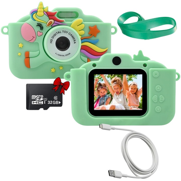 Aparat foto pentru copii SMARTIC®, rezolutie Full HD 1080p, baterie 600mAh, ecran 2.4 inch, card memorie 32 GB, jocuri integrate, MP3, mod selfie, USB type-C, verde