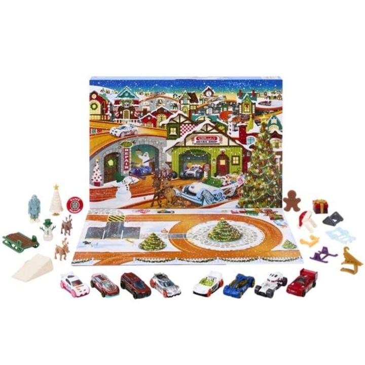 Calendar advent pentru baieti, contine masinute si accesorii de iarna precum si personaje specifice sezonului rece