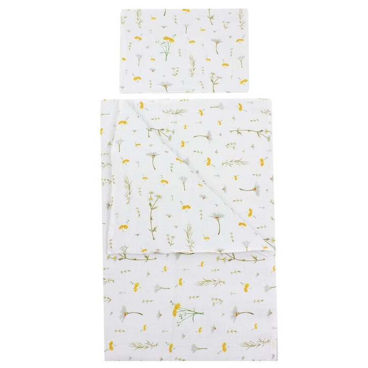 Set 2 piese, plapumioara si perna, muselina, bumbac organic, floricele galbene, 120x60cm