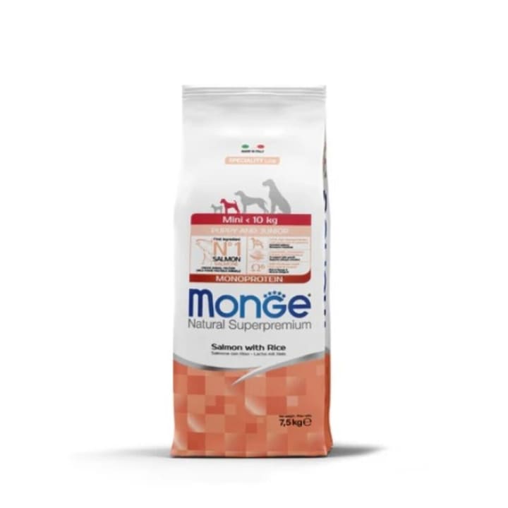 Hrana uscata pentru caini Puppy/Junior cu aroma de somon si orez 7, 5 kg