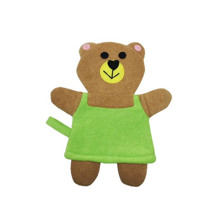 Manusa de baie BearBath, forma urs, cu agatatoare, efect exfoliant, 24x19 cm, maro/verde, Doty®️