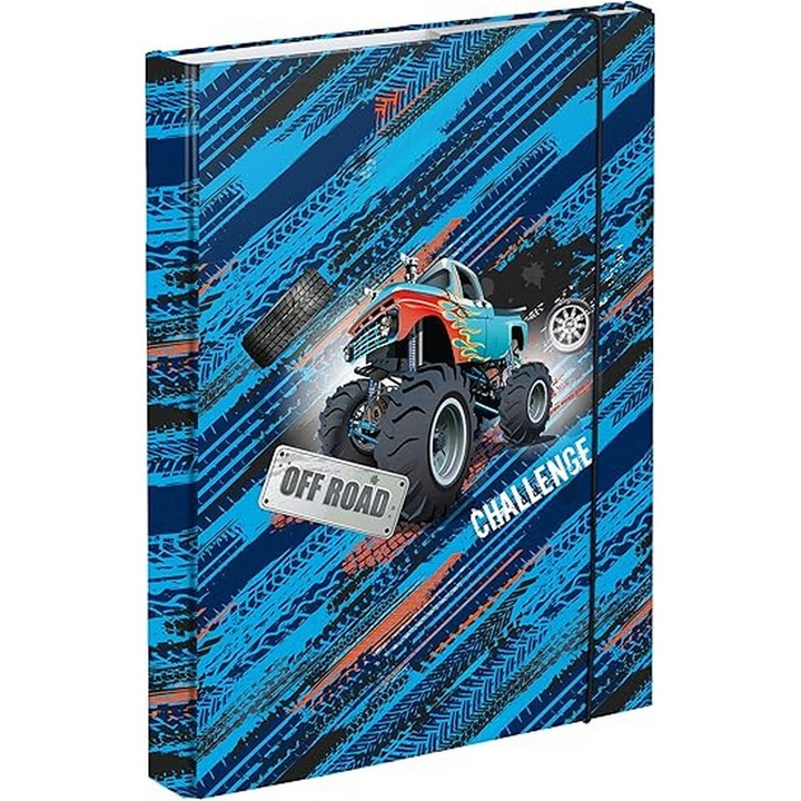 Картонена карта с ластик за тетрадки, книги, А5, модел камиони off road, 17x24см, Baagl