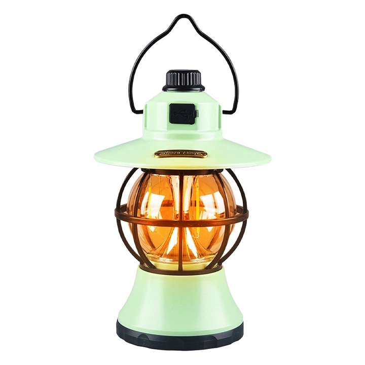 Lampa Retro Portabila, OPTIM SOLUTION, Felinar Vintage, LED, Acumulator 1200 mAh, Reincarcabila, 3 Moduri de Iluminare, Intensitate Reglabila, Waterproof, pentru Camping, Gradina, Zone Putin Luminate, in Aer Liber, Verde