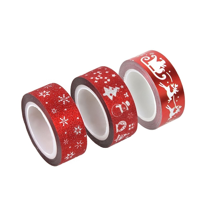 Set 3 Benzi Adezive Washi Tape Craciun Rosu Glitter Modele Albe 5mx1.5cm