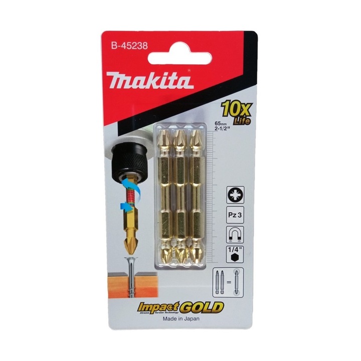 Set 3 biti impact gold cu doua capete PZ3, 65mm, eLinx Makita B-45238