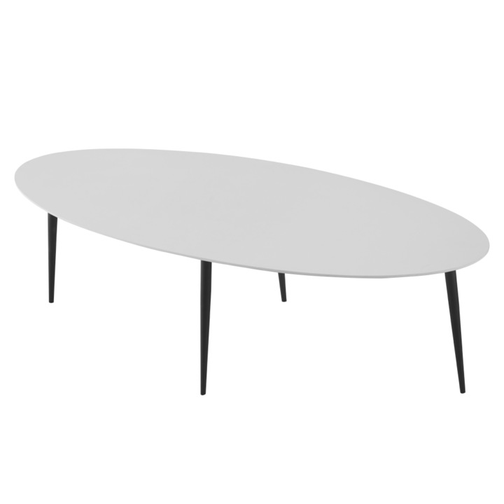 Masuta de cafea, alba, picioare negre, blat MDF si picioare din metal, simpla, practica, design modern, living, 120x50x38 cm