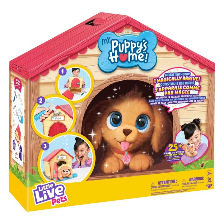 Set jucarie interactiv Little Live Pets, My Puppy's Home Surprise, BebeNani®, include catelus si casuta, 25 sunete, 5+ ani