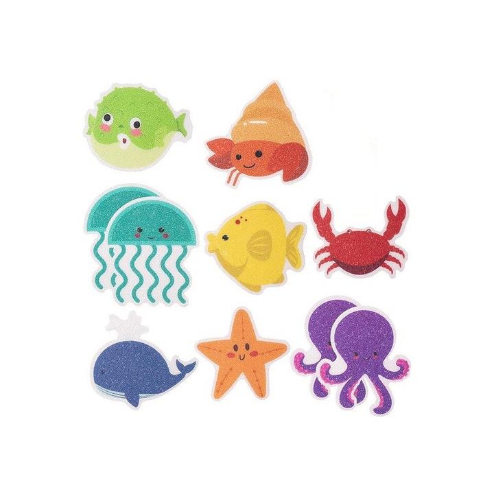 10 db-os csúszásmentes matrica készlet a fürdőszobába puha PEVA anyagból, tengeri állatmintás, többszínű