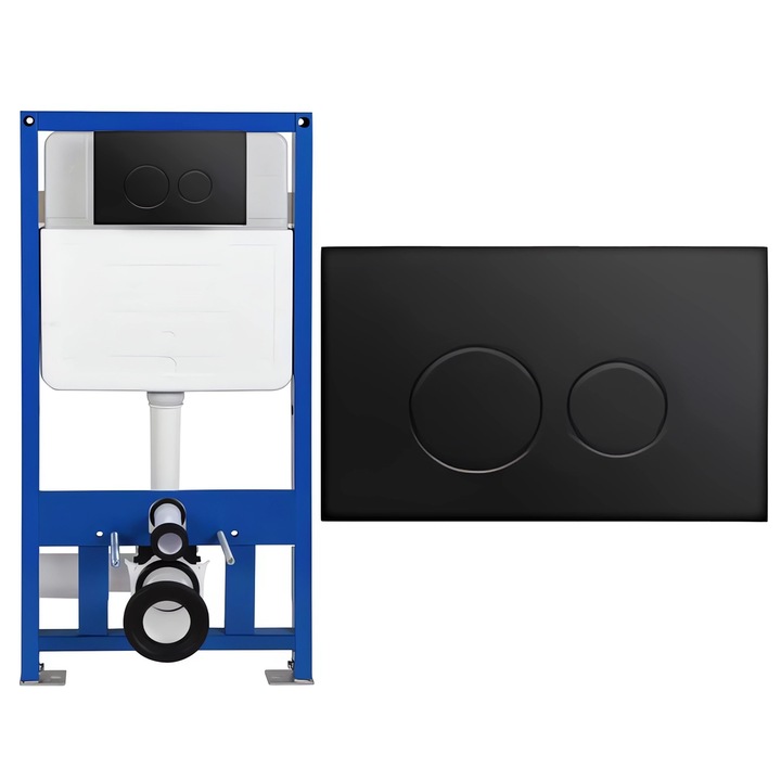 Cadru cu rezervor incastrat, latime de 50 cm, capacitate 3/8 litri, otel inoxidabil, clapeta cu butoane rotunde negru mat din aluminiu
