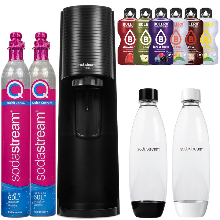Szódagép szett SodaStream Terra Fekete + 2 palack, 1 l, fekete/fehér + CO2 patron SodaStream QuickConnect + Bolero