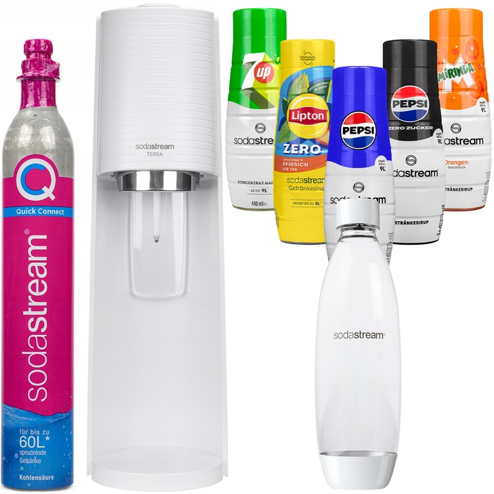 Szódagép szett SodaStream Terra White + 1 üveg, 1 l, fehér + Sodastream Pepsi, Pepsi MAX, Mirinda, 7UP, Lipton Pepsi zero szirupok, 5 db, 440 ml