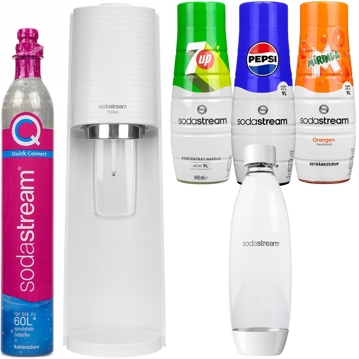 Szódagép szett SodaStream Terra White + 1 üveg, 1 l, fehér + szirupok Sodastream Pepsi, Mirinda, 7UP, 3 db, 440 ml