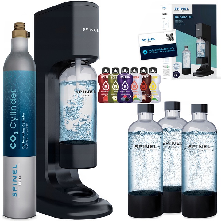 Szódagép szett SpinelSoda BubbleON + 3 palack, 1L, fekete + Bolero