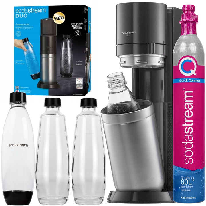 Szódagép szett SodaStream Duo Titan + 2 palack, 1L, Fekete + SodaStream CO2 patron QuickConnect + Üvegkancsó, 1L, 2 db