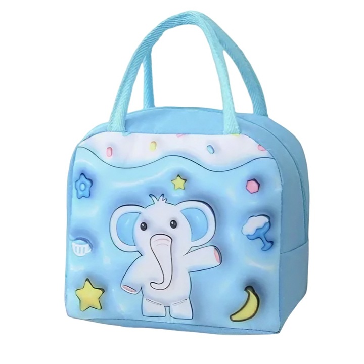 3D карикатура Flippy Cooler Bag Преносима за деца Оксфорд платнена чанта за обяд 23x13x19cm модел на слон синьо
