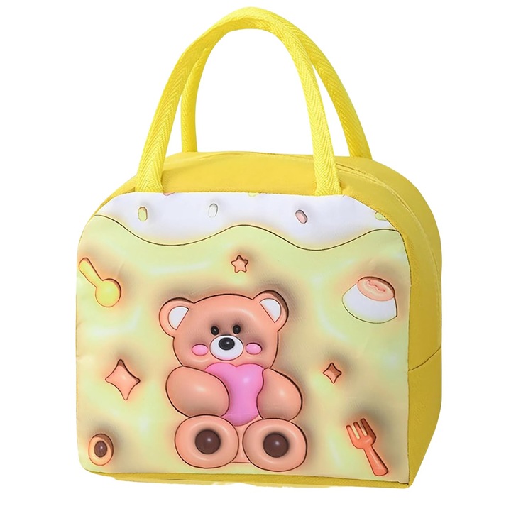3D хладилна чанта с карикатура за деца Преносима платнена чанта за обяд от Оксфорд 23x13x19 см шарка на плюшено мече жълто