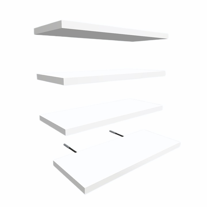 Set 4 Rafturi Suspendate, 45x17x1.8 cm, Culoare Alb, Design Modern, Polite Decorative, Dormitor, Living, Birou, Bucatarie, Baie, Organizare, Depozitare, Polita