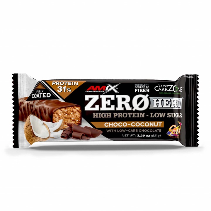 Batoane proteice, Amix, ZeroHero, Protein Bar, Fara zahar cu aroma de Ciocolata Si Nuca De Cocos, 65 Grame