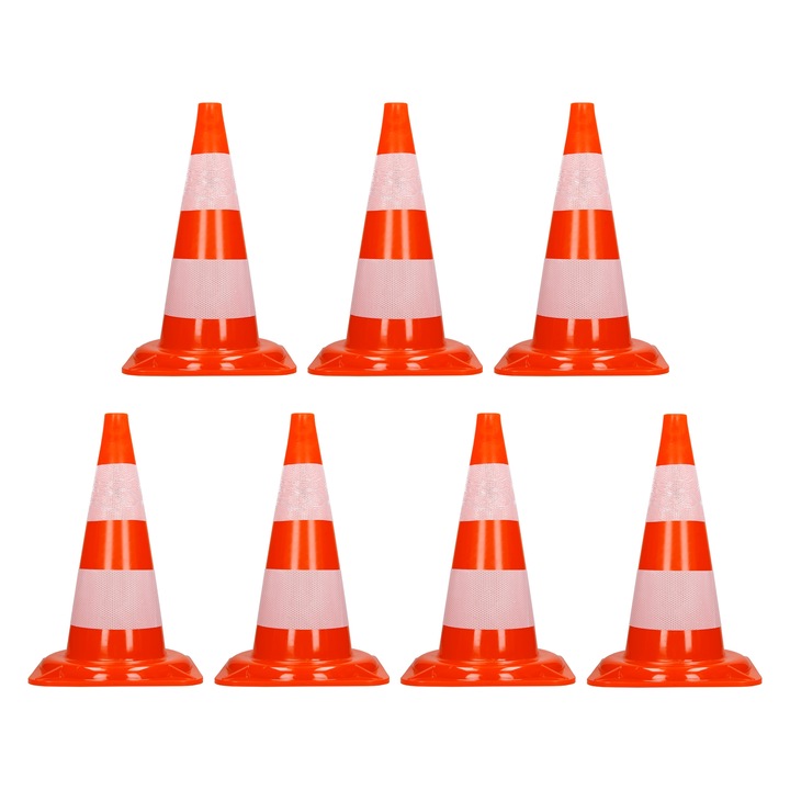 Set 7 conuri de semnalizare rutiera cu banda reflectorizanta ECD Germany, 47 cm, portocaliu / alb, flexibile din PVC