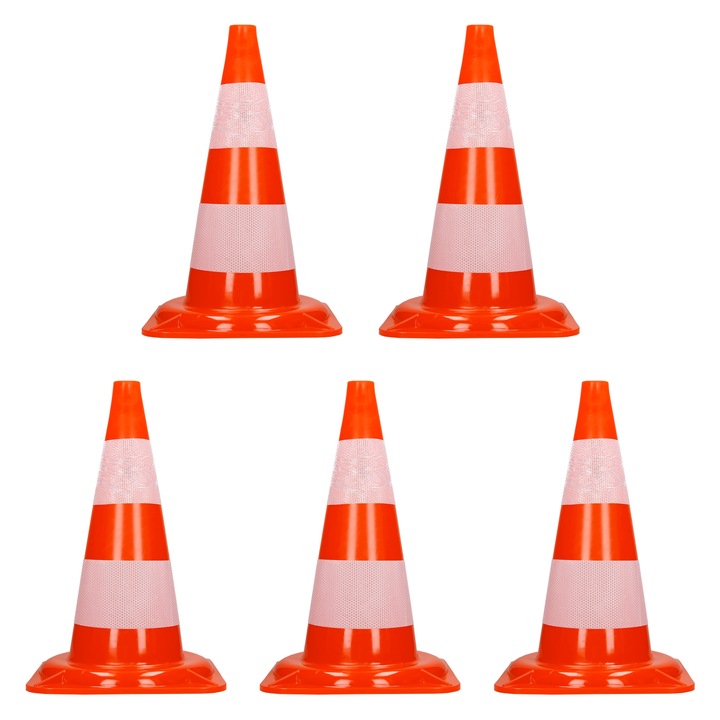 Set 5 conuri de semnalizare rutiera cu banda reflectorizanta ECD Germany, 47 cm, portocaliu / alb, flexibile din PVC