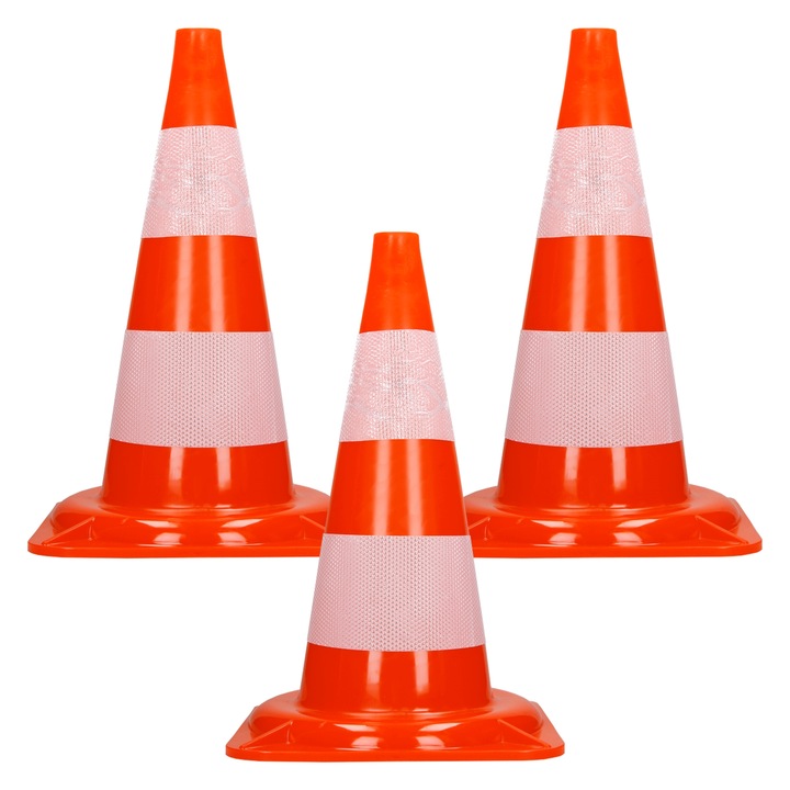 Set 3 conuri de semnalizare rutiera cu banda reflectorizanta ECD Germany, 47 cm, portocaliu / alb, flexibile din PVC