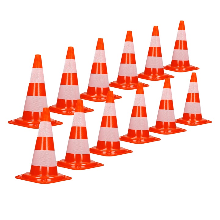 Set 12 conuri de semnalizare rutiera cu banda reflectorizanta ECD Germany, 47 cm, portocaliu / alb, flexibile din PVC