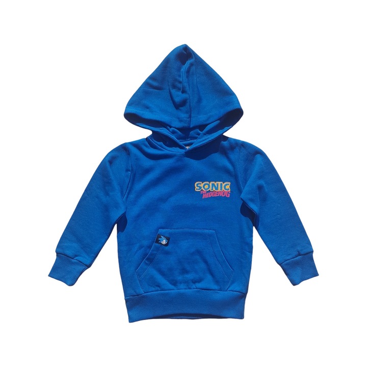 Суичър за момче с предни джобове и качулка, 100% памук, сиво, Син