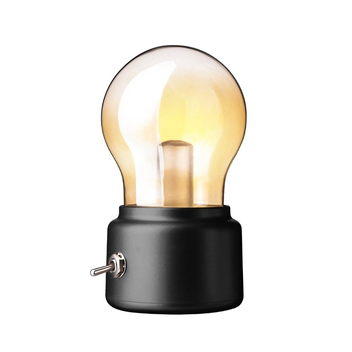 Декоративна LED лампа под формата на крушка, Ретро за интериора, Черна/Прозрачна, 5 V, 500 mA, ABS, Топла светлина, USB зареждане, 12 часа автономност, Метален превключвател, Flippy, 11x7x6 cm