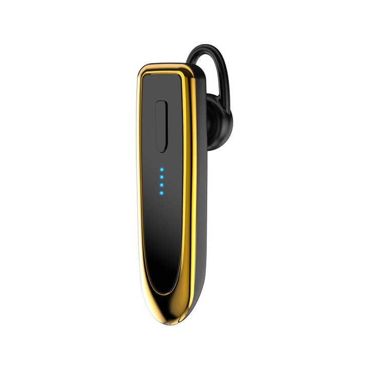 Casti Bluetooth fara fir pentru afaceri, 8 ore in standby, in ureche, functie de vorbire, control vocal, suport pentru muzica, numar de apeluri primite, maini libere pe o singura parte, rezistent la apa, culoare aurie neagra