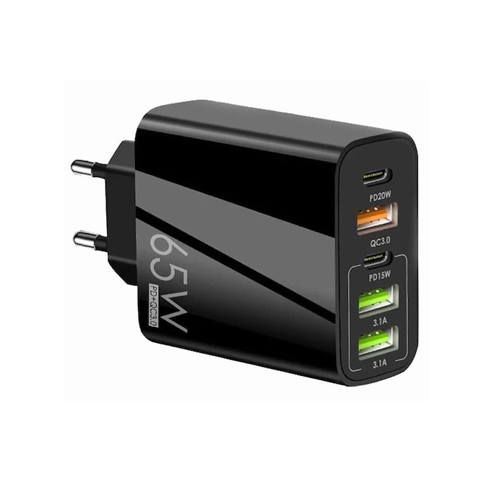 Dactylion 5 portos töltő, 2 x Type-C, 3 x USB, gyorstöltés, 65 W, univerzális, fekete