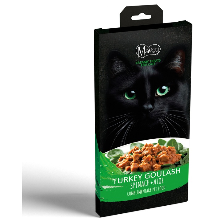 Recompense pentru pisici MAVSY, de gulas de curcan pe un pat de spanac cu aloe, (5х15g) 75 g