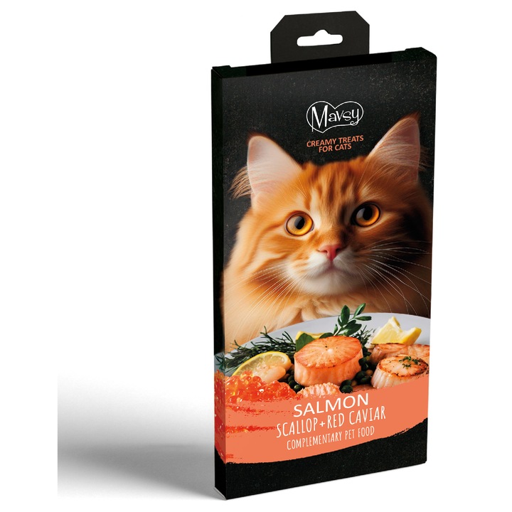 Recompense pentru pisici MAVSY, cremoase de lings cu somon cu scoici si caviar rosu pentru pisici, (5х15g) 75 g