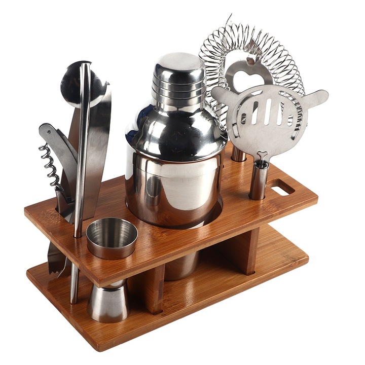 8 db rozsdamentes acél koktél shaker mixer italkészítő fa állvánnyal bárkészlet