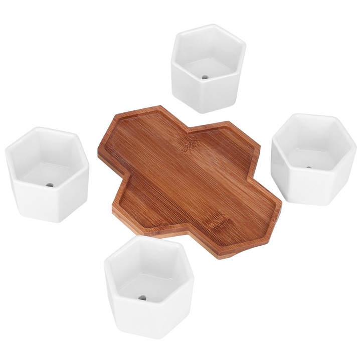 4 darab kerámia virágcserép bambusz tartóval, szukkulensekhez, fehér, 10x10cm