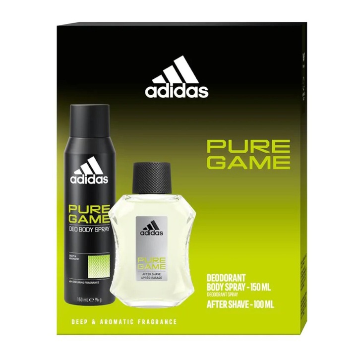 Set Cadou Barbati Adidas Pure Game, After Shave 100 ml, Deodorant 150 ml