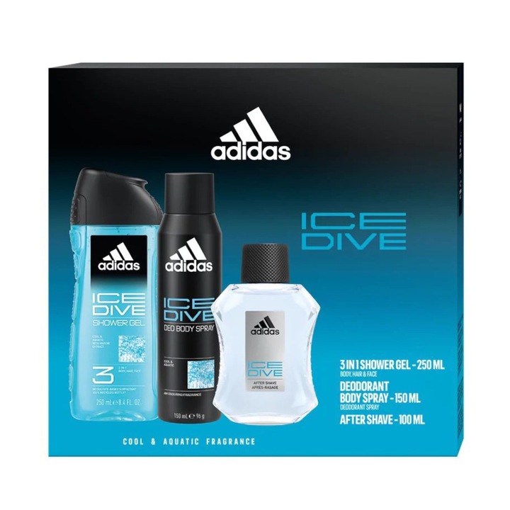 Set 2 x Caseta Cadou Barbati Adidas Ice Dive, After Shave 100 ml, Deodorant, Gel de Dus 250 ml