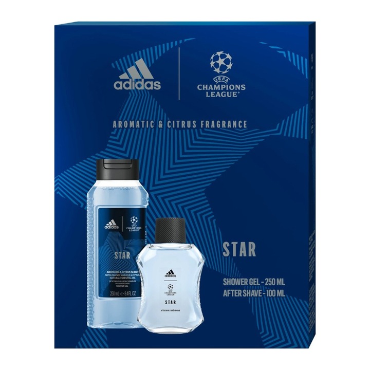 Set 2 x Caseta Cadou Barbati Adidas Uefa Star, After Shave 100 ml, Gel de Dus 250 ml