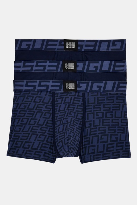 GUESS, Set de boxeri cu banda logo in talie - 3 perechi, Albastru inchis