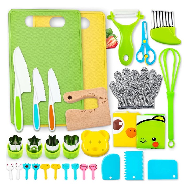 Rqiurpn Монтесори комплект кухненски инструменти за деца от 32 части, дървен нож, ръкавици, 2 сортира, 2 тави, Многоцветен